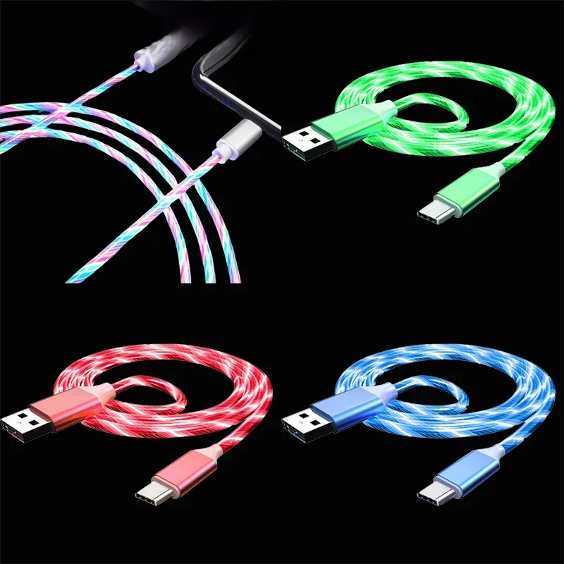 Câble USB Type C lumineux à flux 3A, cordon de données de charge rapide pour Samsung Xiaomi OPPO Huawei IPhone, câble Micro USB LED