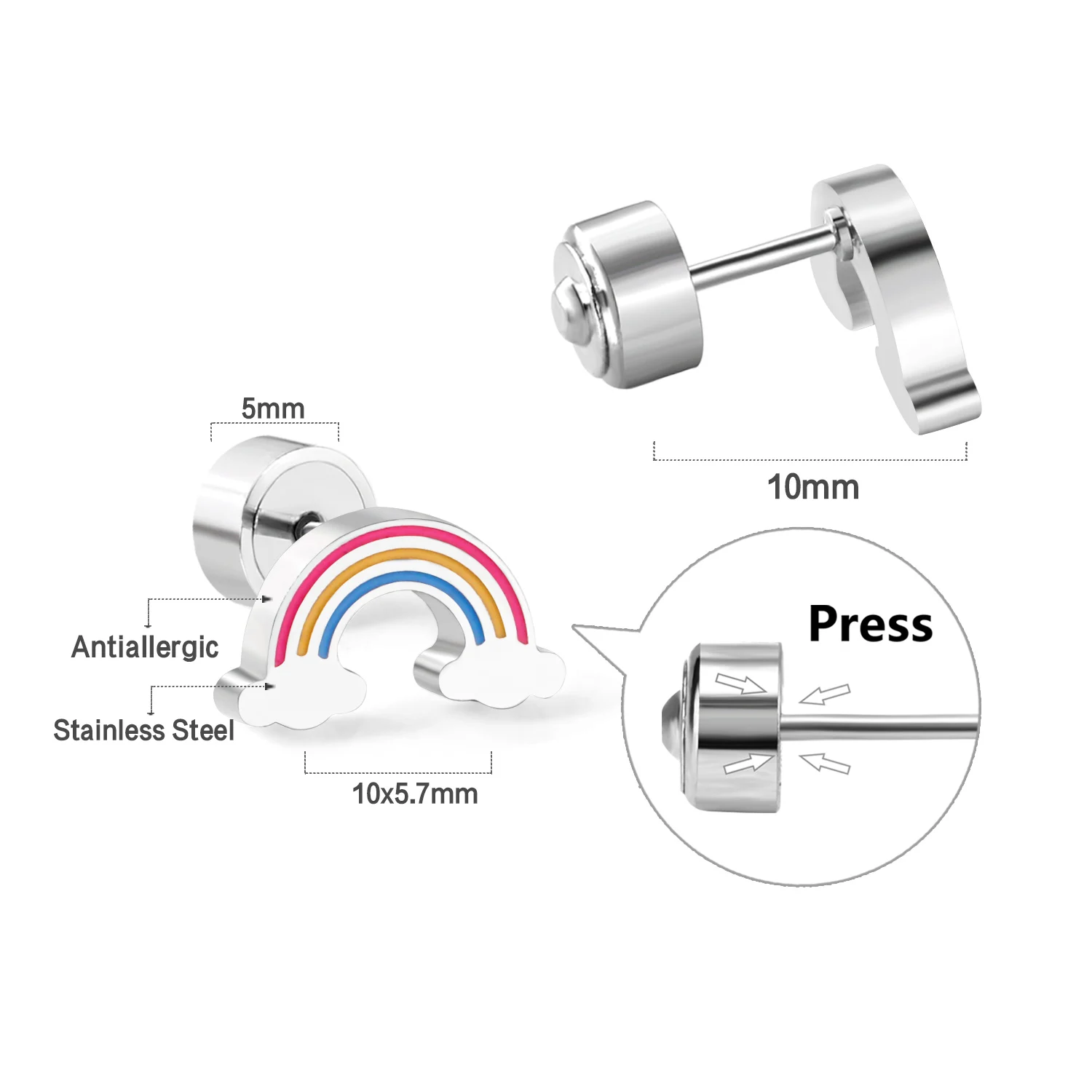 Luxukisskids Schattige Regenboog Oorknopjes Voor Kind/Meisjes Push-Back Roestvrij Staal Anti-Allergie Oor Piercing Dagelijks Dragen Sieraden