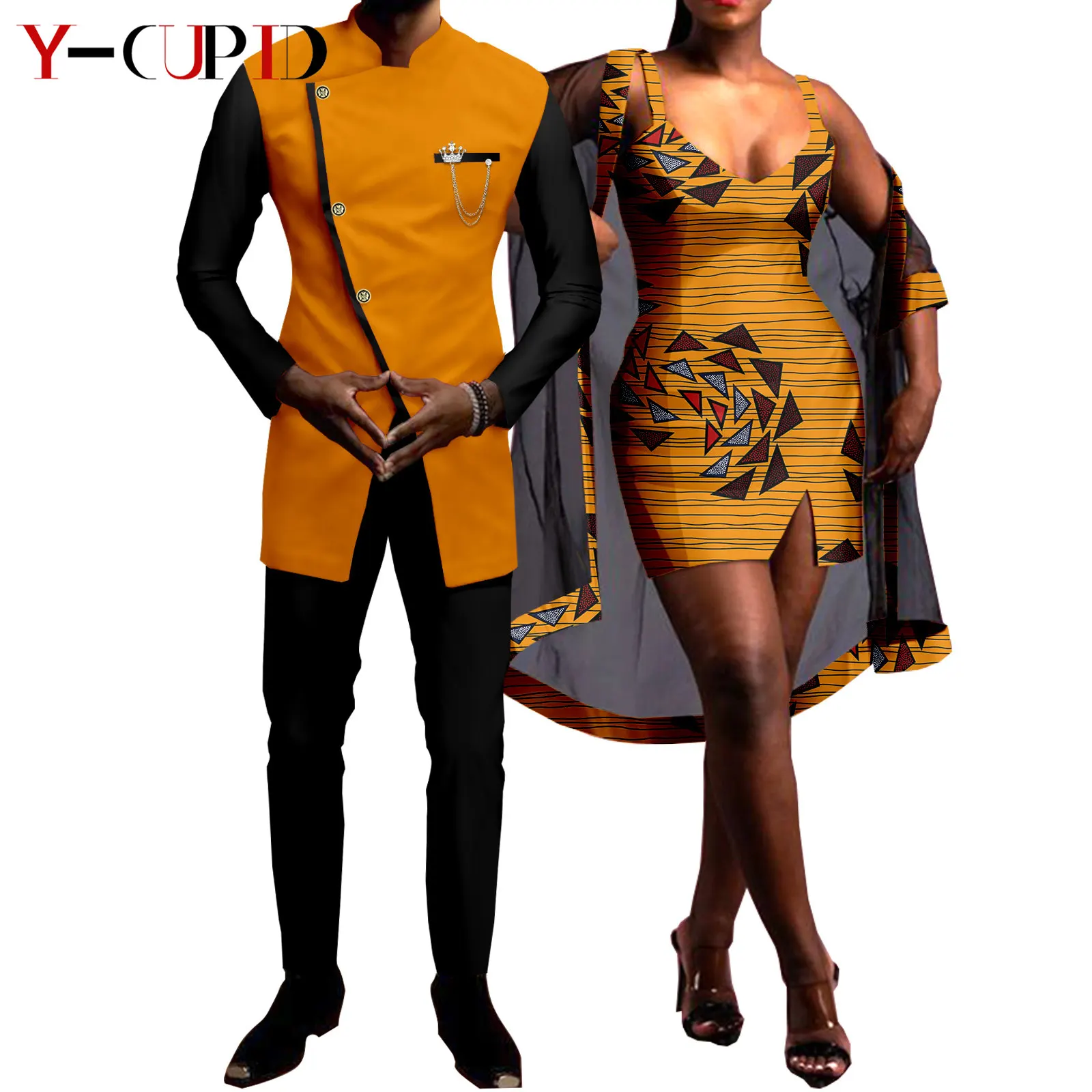 African Clothes for Couples Dashiki Sexy Women Dresses with Yarn Coats Match Men Outfits Irregular Top and Pants Sets Y22C040