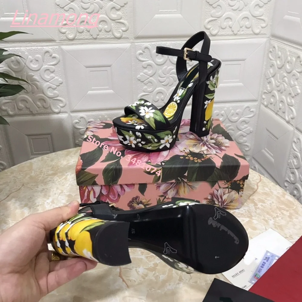 2025 Summer New Luxury Women Sandals Print Open Toe Retro Square High Heel Buckle Leather Platform Free Shipping Party Shoes view 3