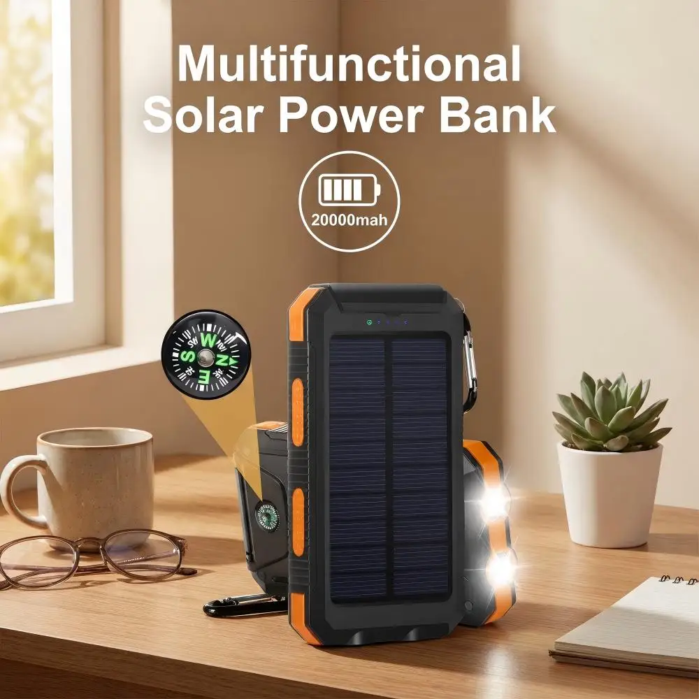 Batterie solaire multifonctionnelle avec lampes de poche LED, boussole, chargeur de téléphone portable portable 20000mAh pour la maison, le camping en plein air