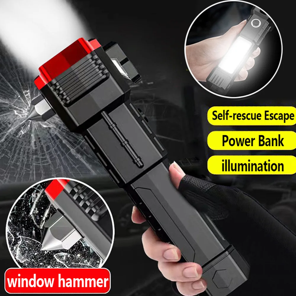 Tactical LED Flashlight USB Rechargeable Battery Flashlamp Multifunctional Car Safety Hammer Window Breaker Self Defense Lantern