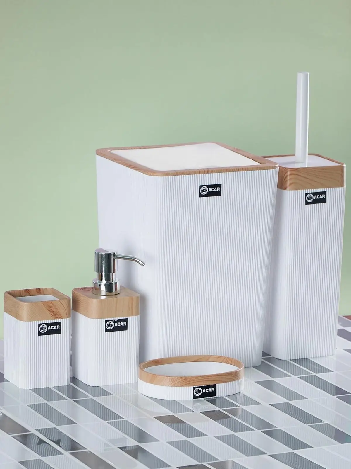 Wooden 5 Piece Acrylic Wood Pattern Bathroom Set Bathroom Accessories Liquid Soap Dispenser Set Dental Fırçalığı Toilet Brush Garbage