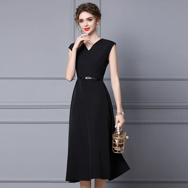 Preto moda elegante vestido 2022 novo verão feminino hepburn estilo sem mangas e cinto longo v-neck a-line vestido