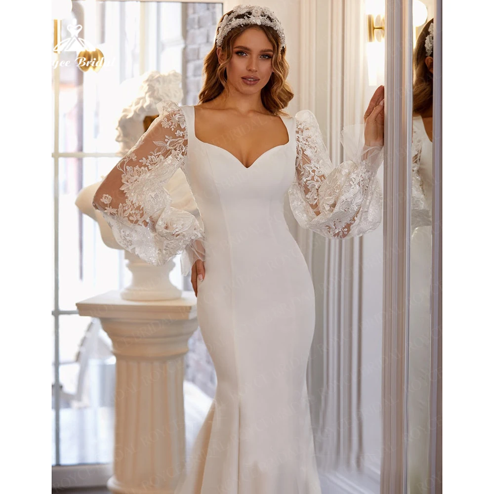 Roycebridal V Neck Wedding Dresses Satin Vestidos De Mujer Party Dress Lantern Sleeve Lace Bridal Robe Sweep Train Party Dress