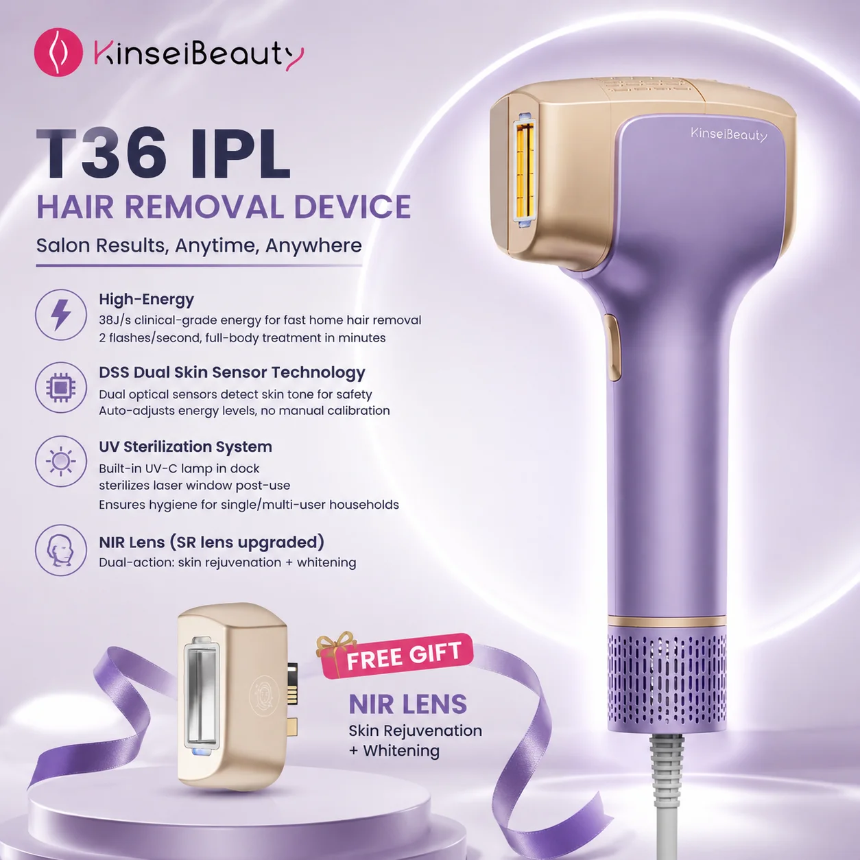 KinseiBeauty T36 Laser Hair Removal DSS Dual Sensors IPL Epilator NIR Skin Rejuvenation 999999 Flashes Cooling Painless 38J