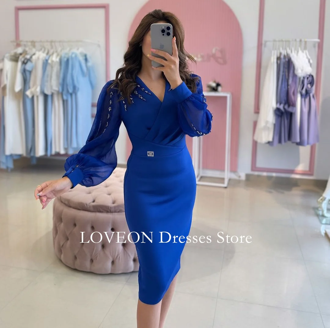 

Loveon V-Neck Puff Sleeves Crepe Satin Evening Dresses Formal Arabic Blue Knee Length Short Prom Gowns Party Women Bride