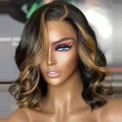 Body Wave Short Bob Highlight Wig Short Loose Wavy 13x4 Lace Frontal Human Hair Wig with Baby Hair Brazilian Virgin Hair Bob Wig
