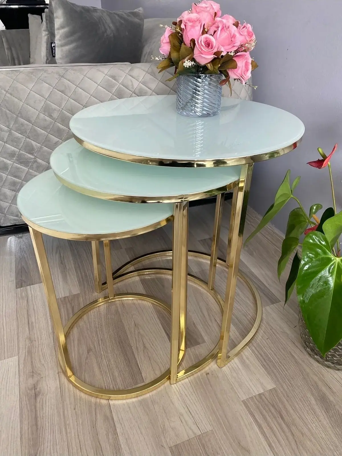 Decorative Set of 3 Nesting Table Set Gold Marble Unbreakable Tempered Glass Nordic Luxury Coffee Table Set 3Pcs Living Room