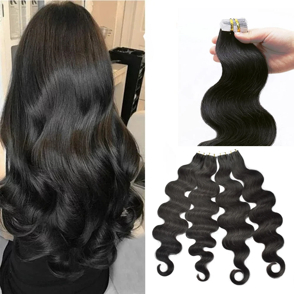 Cinta en extensiones de ondas corporales de cabello humano 100% Real, trama de piel de cabello humano, pegamento adhesivo para salón, alta calidad para mujer negra