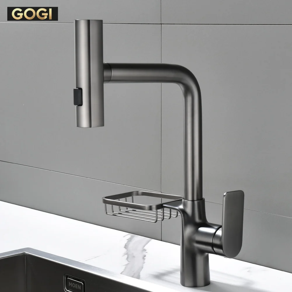 GOGI Gunmetal Gray Solid Brass Pull‑Out Kitchen Faucet Ceramic Valve Core Hot Cold Water Mixer Tap with Sponge Soap Holder 3 Wat