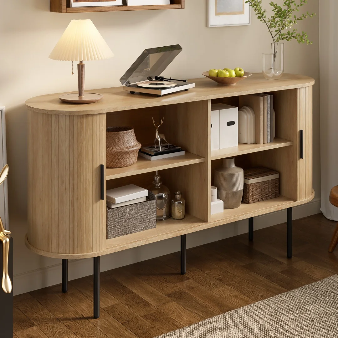 Aparador moderno de MDF con puertas de persiana enrollable, tiradores de aluminio y patas de hierro – Armario de almacenamiento versátil para sala de estar, comedor y decoración moderna