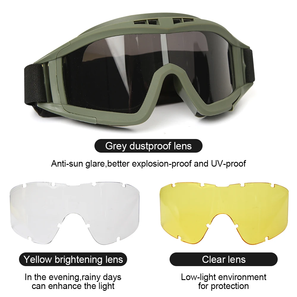 JSJM Airsoft Tactical Goggles 3 Lens Windproof Dustproof Shooting Motocross Motorcycle Mountaineering Glasses CS Safe Protection