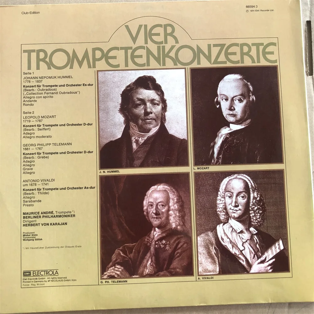 Old 33 RPM 12 inch 30cm Vinyl Records LP Disc Karajan Conductor Vivaldi Philharmoniker Mozart Hummel Maurice Classic Music Used