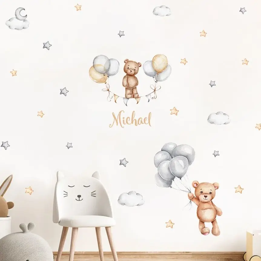 Custom Baby Name Bear Balloons Flags Stars Watercolor Wall Stickers Removable Vinyl Wall Decals Mural Nursery Kids Room Decor