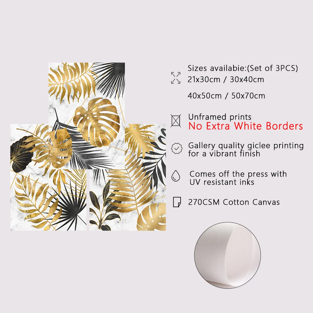 3PCS Frameless Abstract Golden Tropical Monstera Leaf Poster Still Life Pictures Canvas Painting for Living Room Home Wall Decor