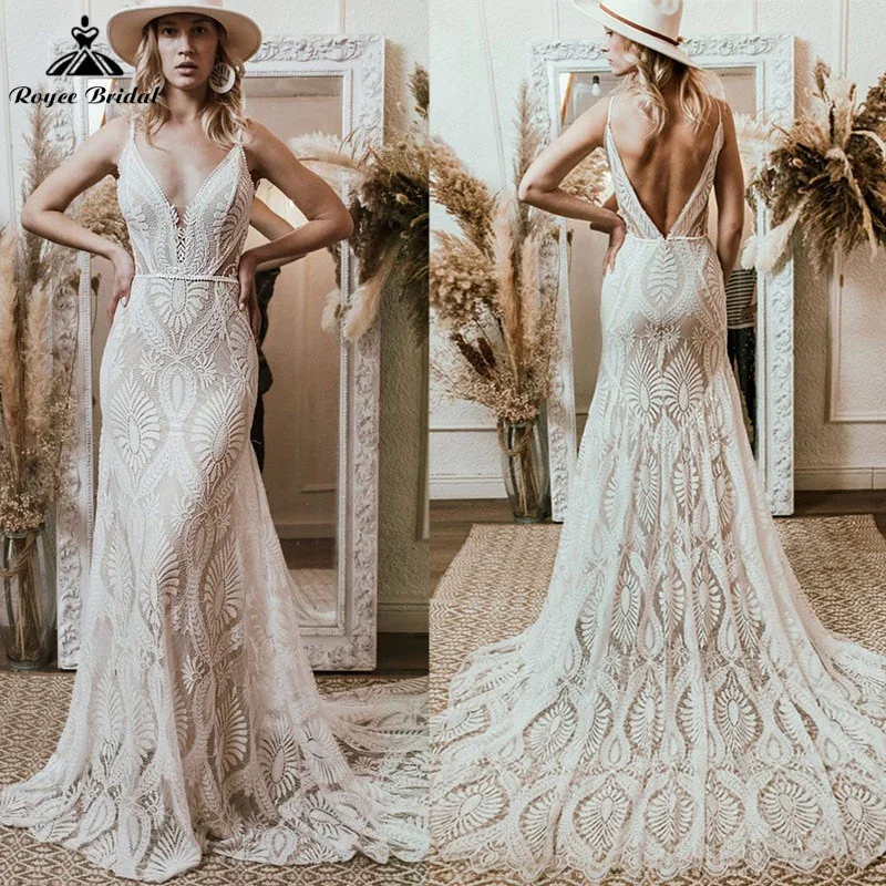 Roycebridal-Vestido de Noiva Boêmio, Decote V, Renda, Boho, Spaghetti Straps, Backless, Vestidos de Noiva Praia