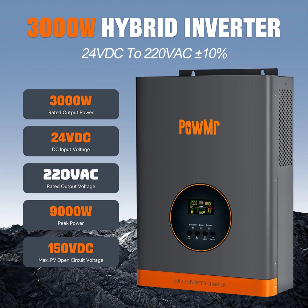 PowMr 3KW Hybrid Solar Inverter 24VDC to 220VAC Low Frequency Output More Stable With 60A MPPT Controller Solar Panel 30-160VDC