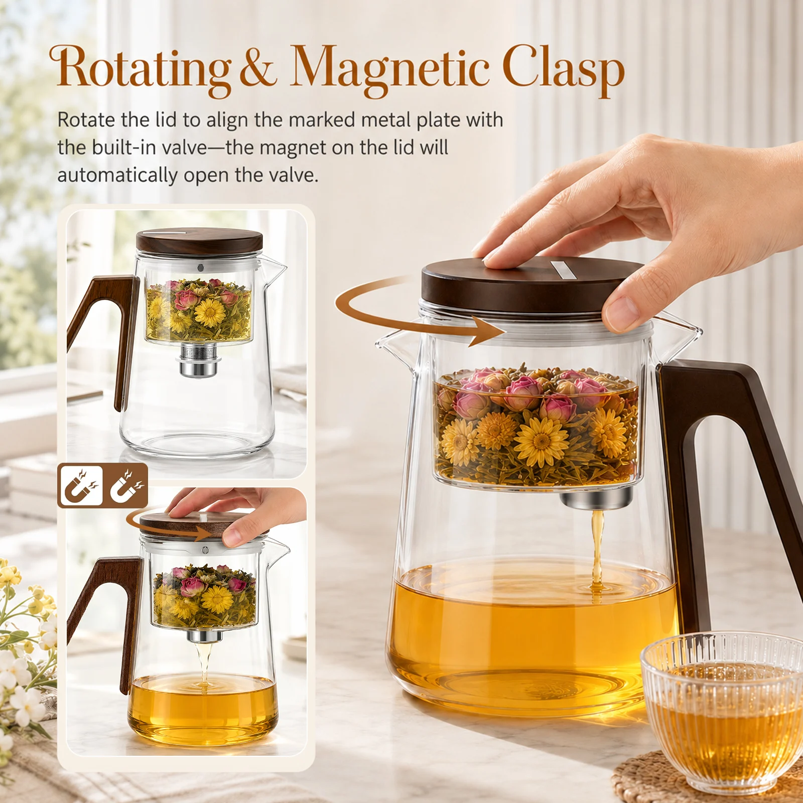 Teiera in vetro con filtro rimovibile, resistente al calore, ideale per preparare tè in foglie, con coperchio magnetico e manico in legno di noce, teiera portatile, un regalo perfetto per la casa o