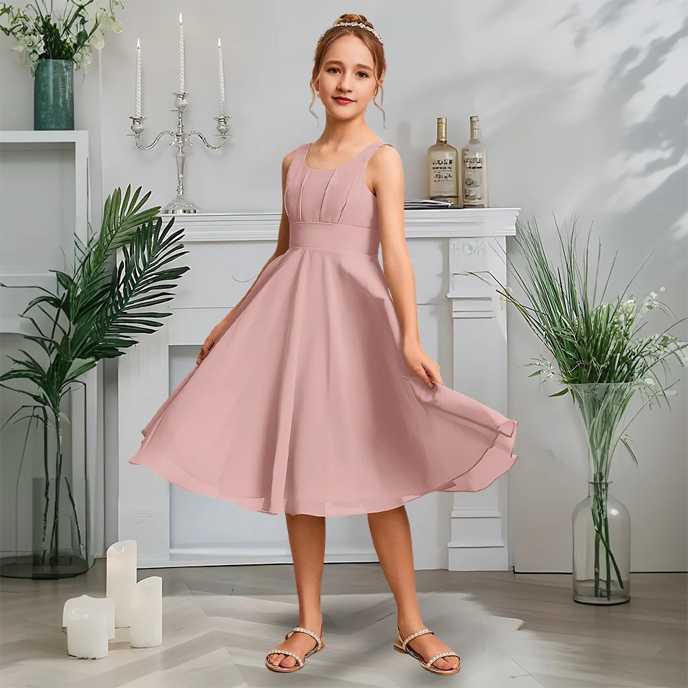 

D Kids A-Line Junior Bridesmaid Dress Moonlit Celadon Flower Girl Dress Square Neck Chiffon Knee-Length Garden Party Wedding