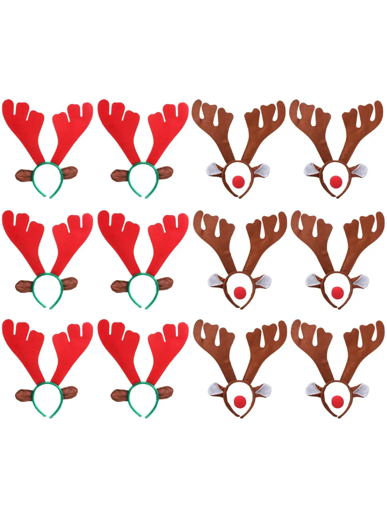 Pack of 12 Reindeer Antlers - 6x Green Headbands, Brown Ears and Red Antlers and 6x Brown Headbands, Ears, Antlers and Red Noses