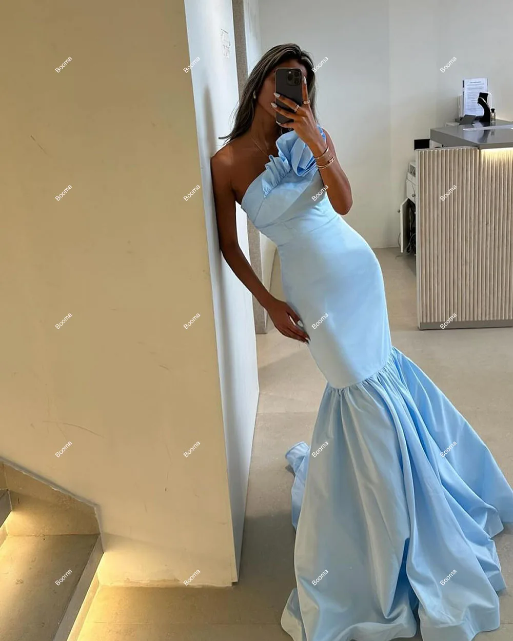 Booma Elegant Mermaid Evening Dresses One Shoulder Pleats Ruched Formal Occasion Gowns for Women Floor Length Party Prom Dress