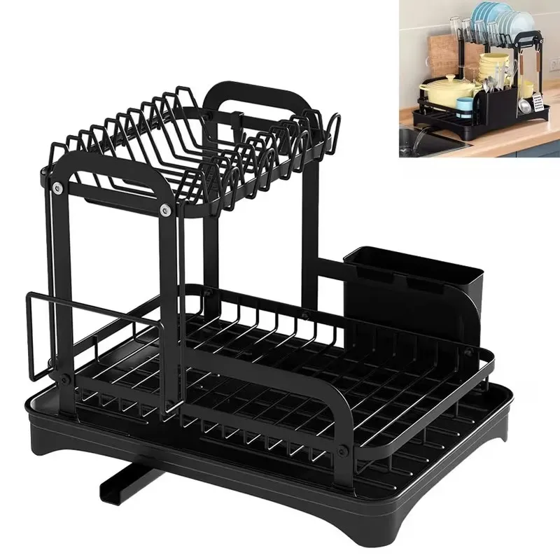 Égouttoir à vaisselle à 2 niveaux, égouttoir à bol, support de rangement pour cuisine avec panier de vidange, organisateur de vaisselle de comptoir, égouttoir
