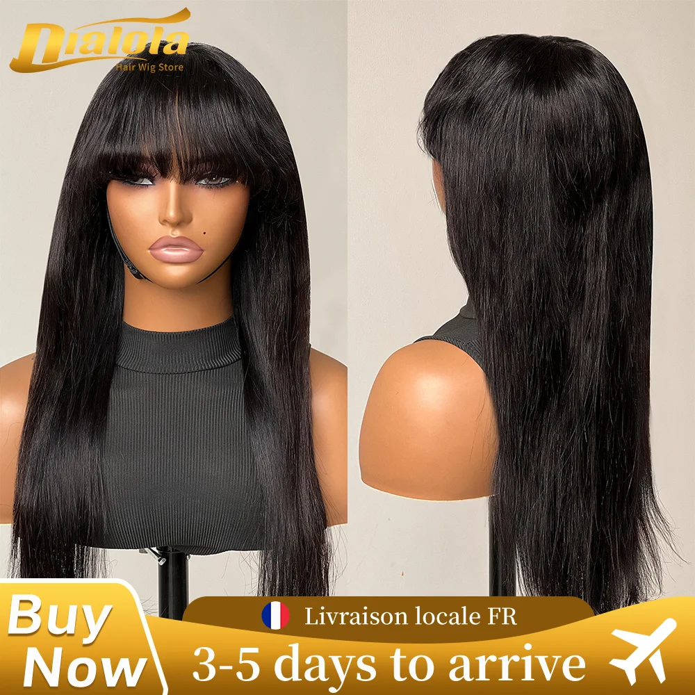 Wear Go Straight Human Hair Wigs With Bangs For Women Full Machine Made Natural Black Color Straight Wig 180% Density ﻿