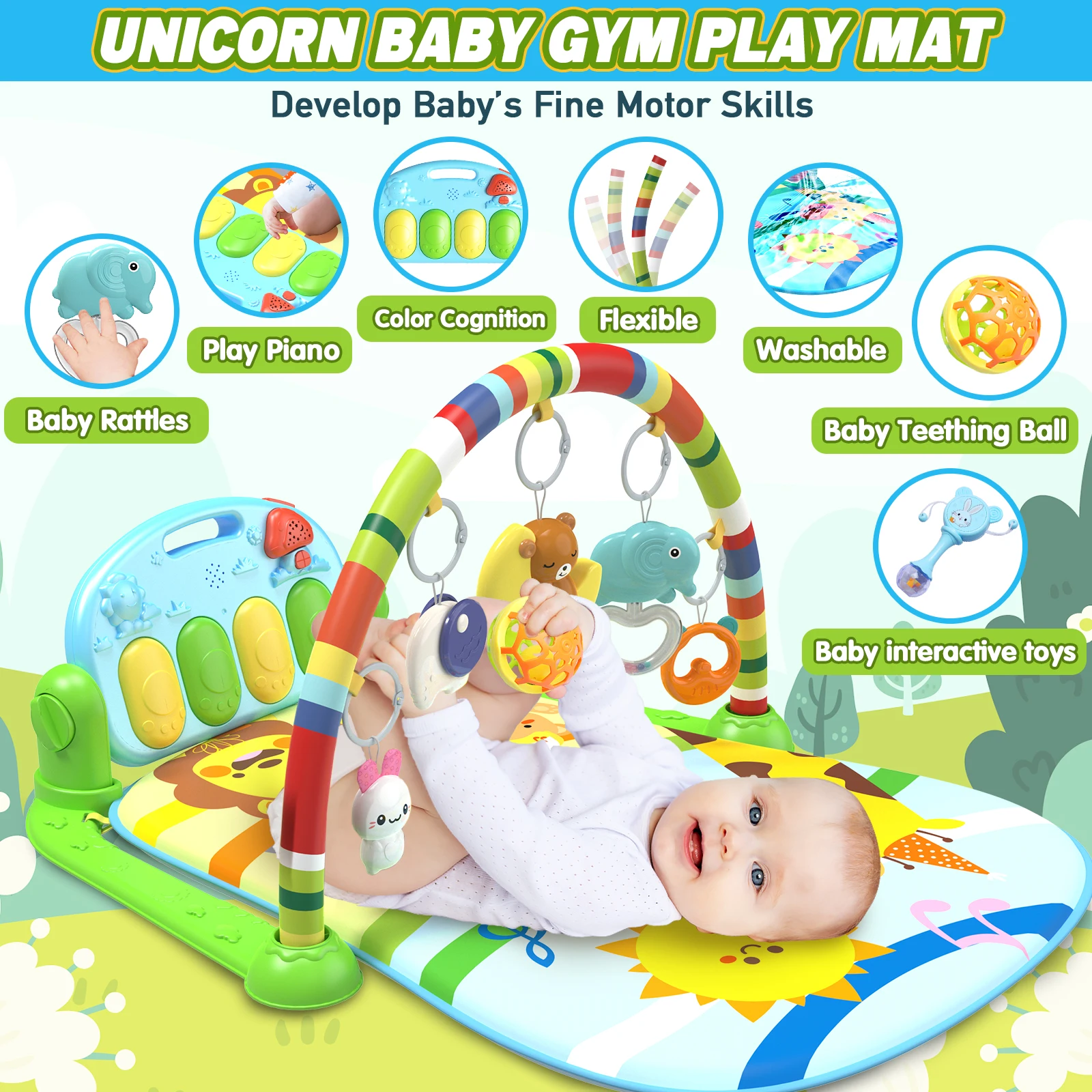 

Baby Gym Play Mat with Musical Piano Keys, Interactive Light-Up Activity Center - 7-in-1 Developmental Toys with Sensory Toys
