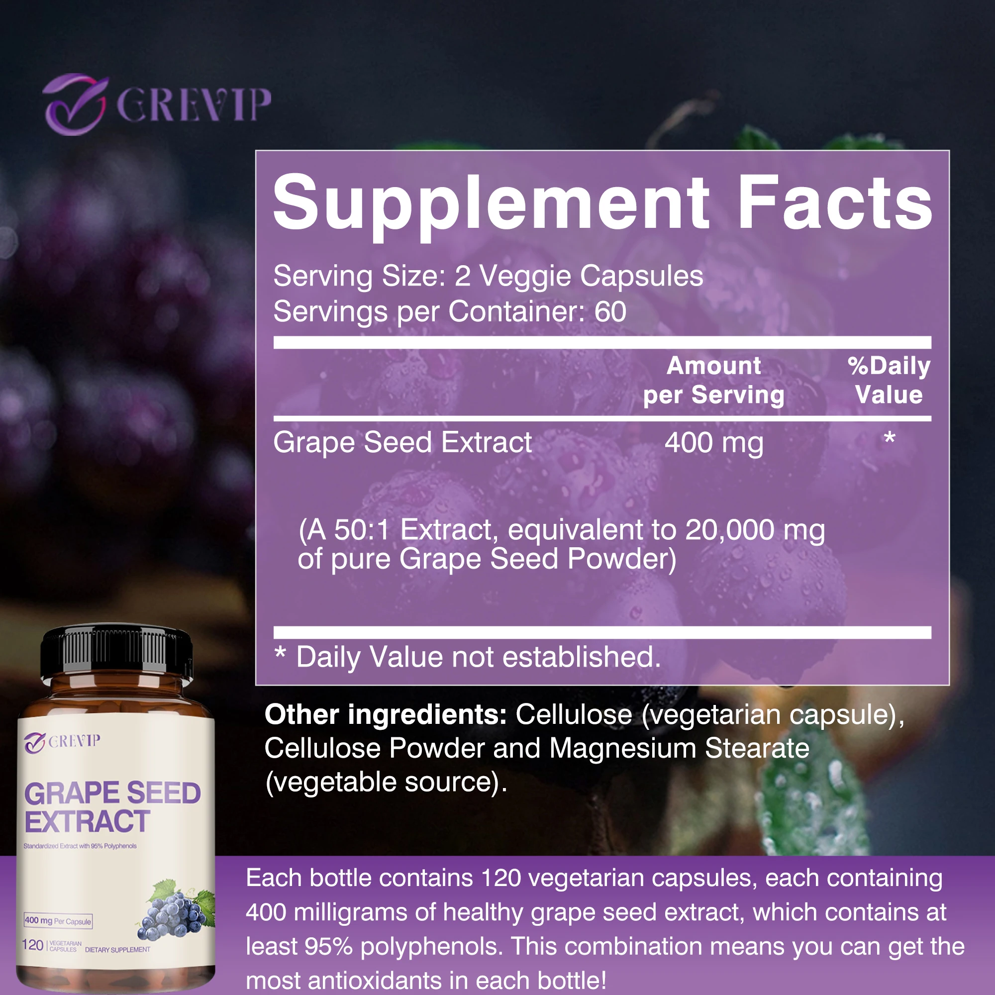 Grape Seed Extract - Skin Whitening, Wrinkle Reduction, Antioxidant, Anti-aging - 120 Capsules