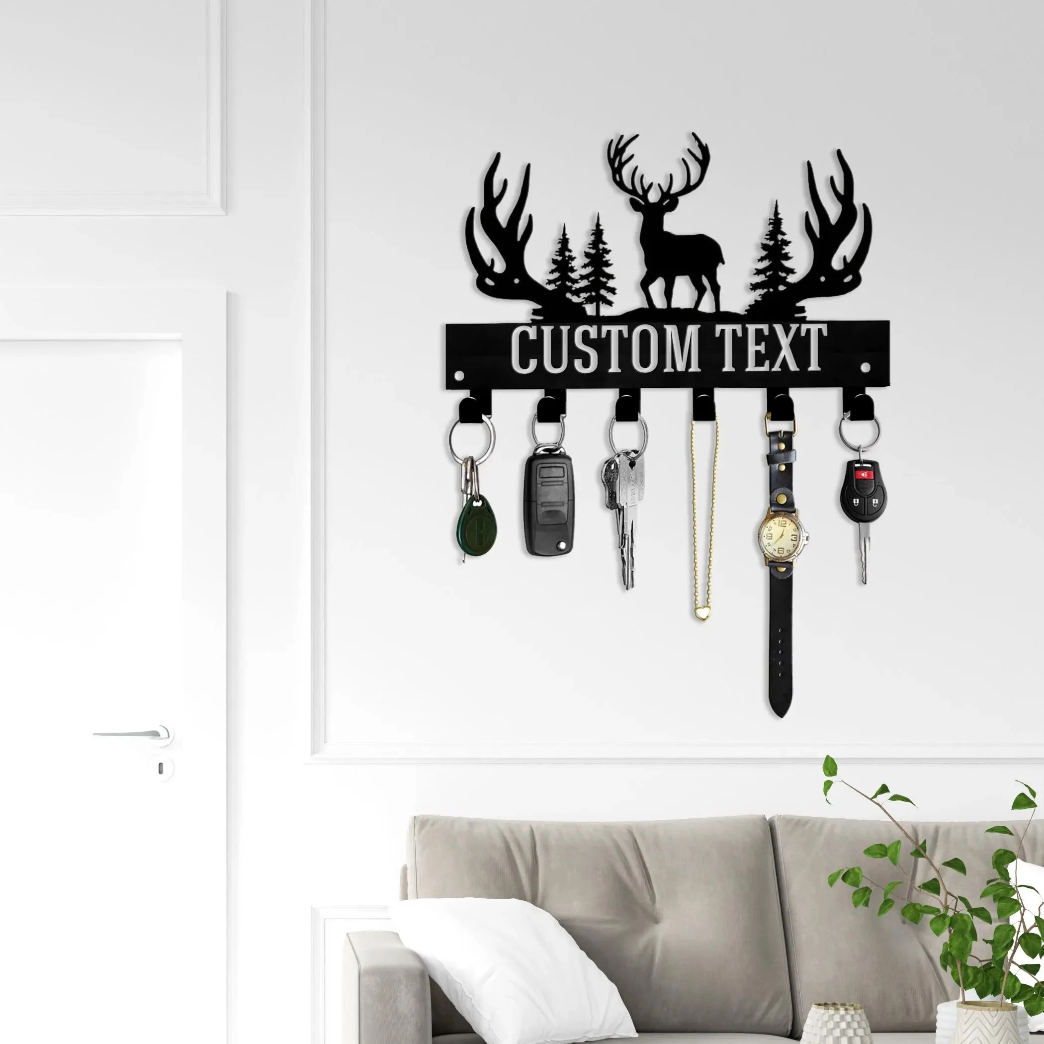 Personalized Antler Deer Key Holder, Wall-Mounted Metal Organizer with Forest Buck Silhouette Hooks for Rustic Cabin
