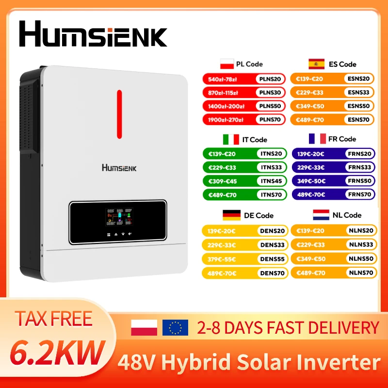 Humsienk 6,2KW Hybrid-Solarwechselrichter 48V MPPT-Wechselrichter 50/60HZ Reiner Sinus PV 6500W 500VDC Eingebauter 120A Solar-Laderegler