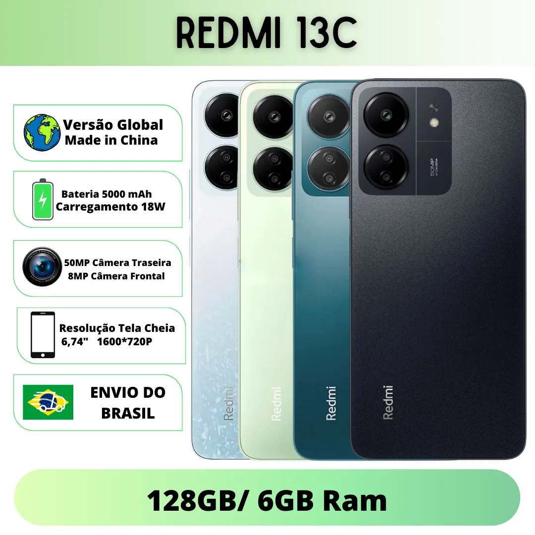 Xiaomi Redmi 13C 128GB ROM / 6GB RAM  Versão Global | Smartphone 4G , ROM Global , Câmera 50MP , Carregador  18W