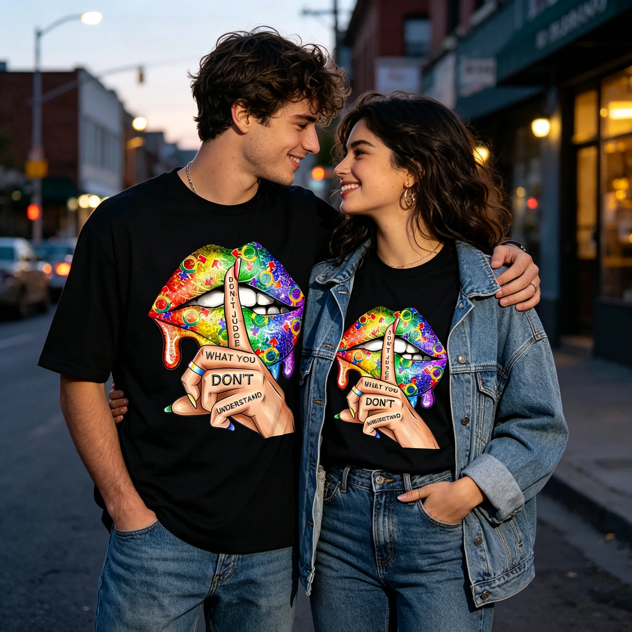 Don't Judge What You Don't Understand Rainbow Lips Graphic T‑Shirt, Colorful Dripping Lips Hand Gesture Print Short Sleeve Tee, Pride Equality Casual T‑Shirt for Men Women