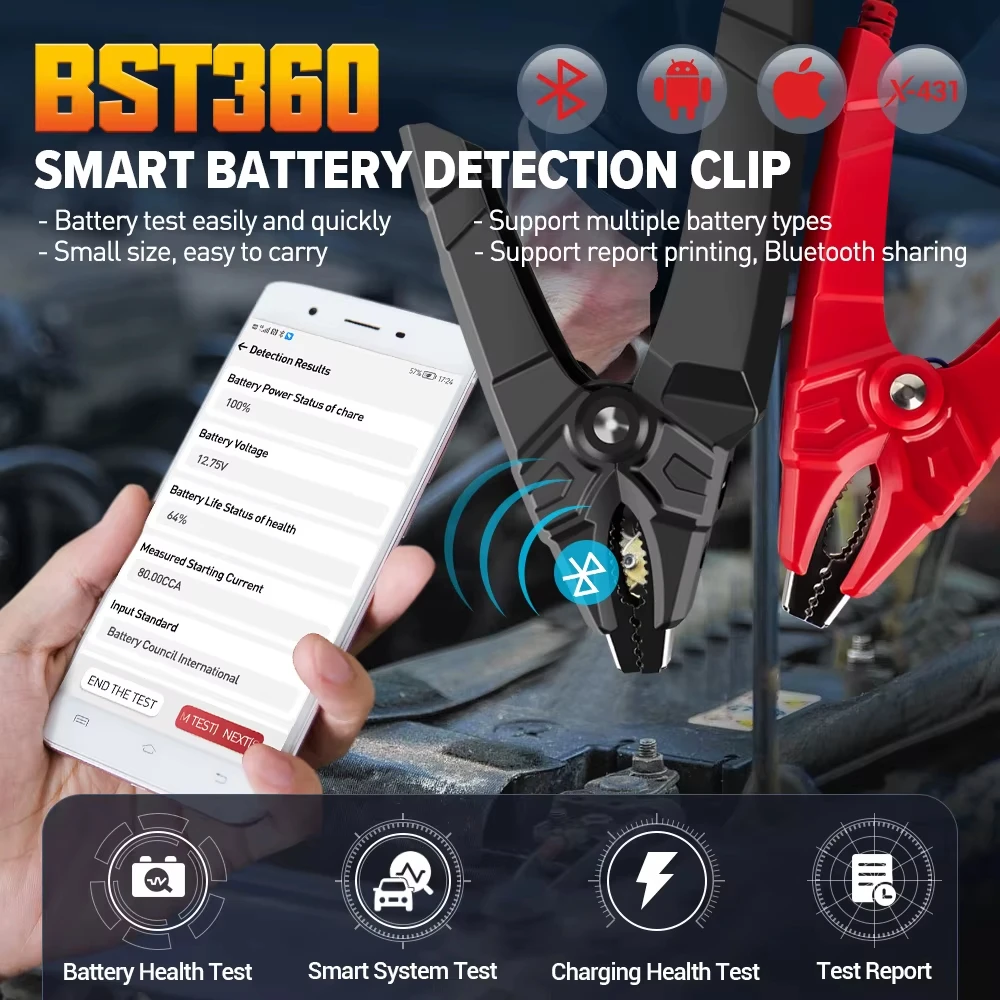LAUNCH BST360 Bluetooth Battery Tester 6V 12V Voltage Check Clip Charging Cranking System Analyzer for X431 Device Adnroid IOS