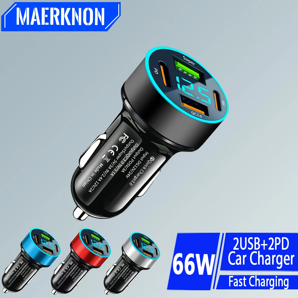 66W USB Car Charger 4 Ports USB Type C Fast Charging Car Charger QC3.0 USB C Car Phone Charger For iPhone Samsung Huawei Xiaomi