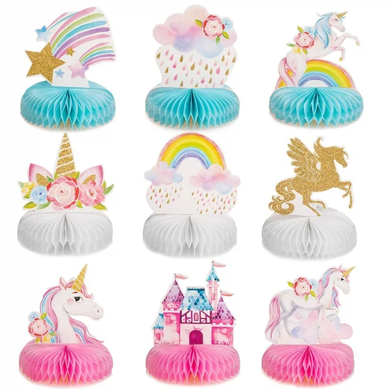 9Pcs Jednorożec Tęczowe kulki o strukturze plastra miodu Dekoracje stołu Zestaw papierowych wachlarzy o strukturze plastra miodu Urodziny Przyjęcie Baby Shower Dekoracje na biurko Materiały eksploatacyjne — zdjęcie 2