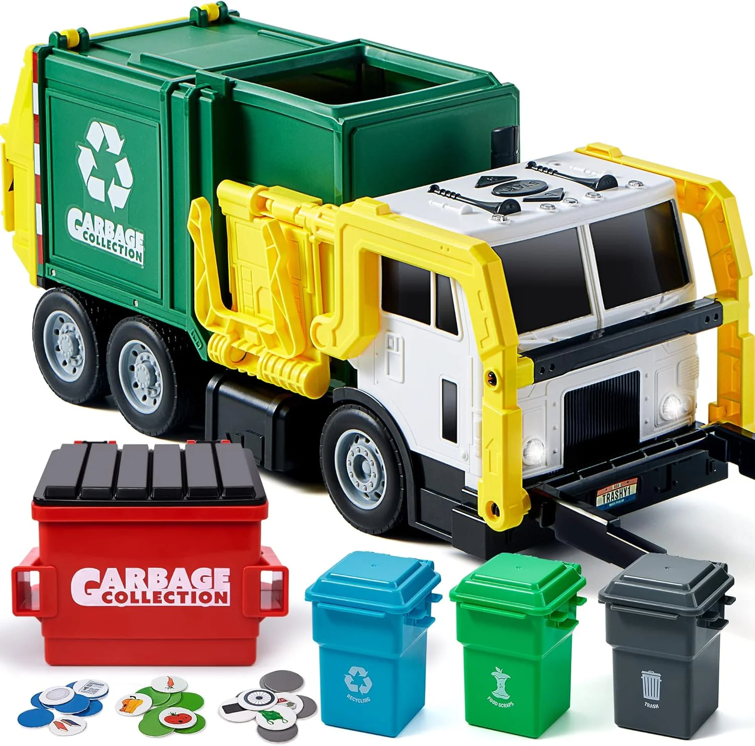 

Large Friction Powered Garbage Truck Toy Set, Includes Dumpster, Trash Bins, and Learning Cards for Kids, Boy Toys Birthday Gift