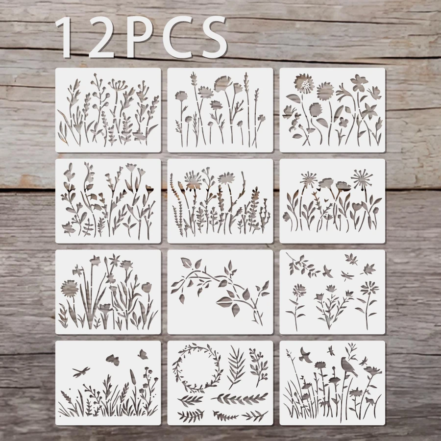 12 pochoirs floraux réutilisables pour la peinture, modèles de fleurs sauvages 4,7x5,9 pouces pour la décoration murale DIY et l'artisanat