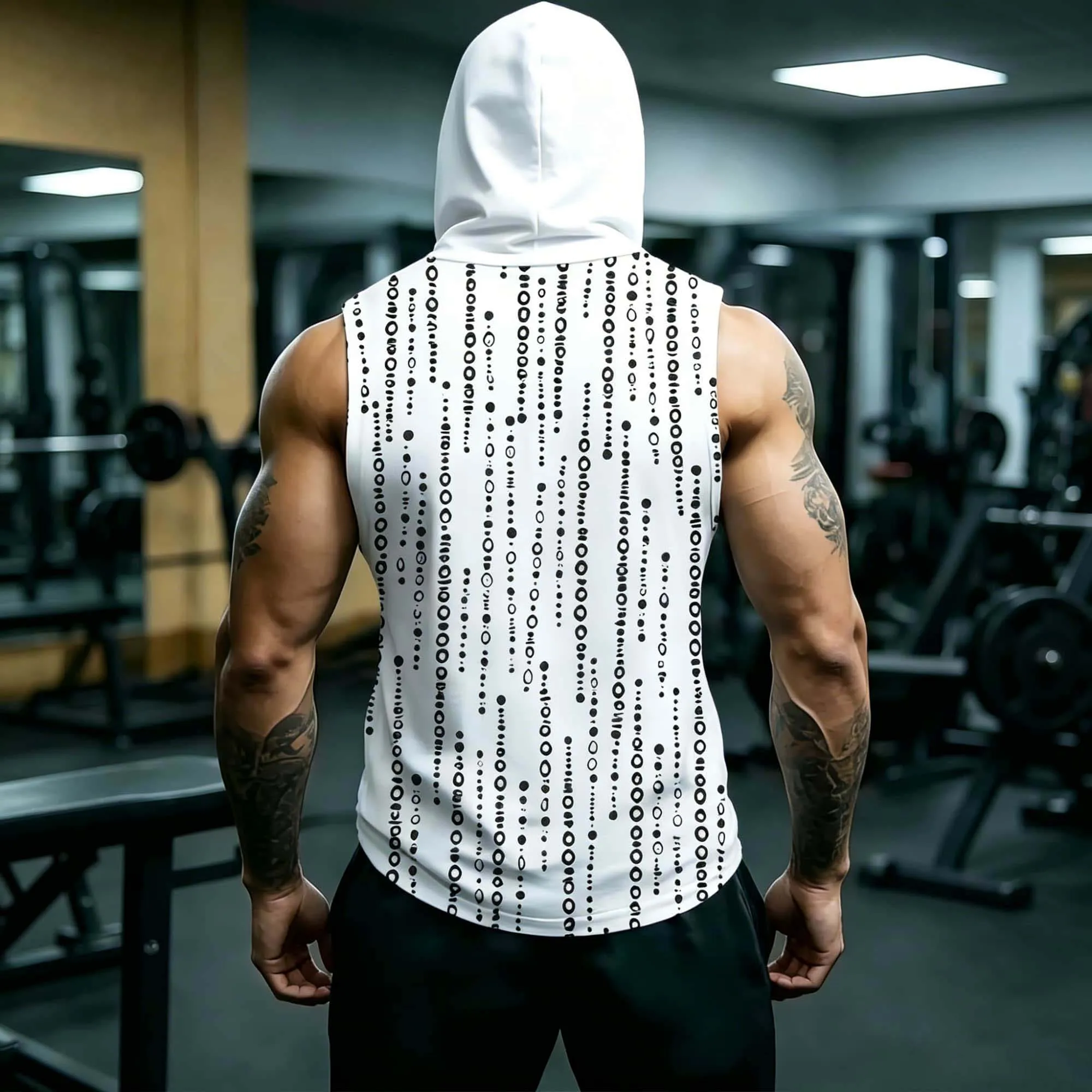 Techwear Minimal Drip Ring Print Sleeveless Hood Tank Men Breathable Bodybuilding Training Daily Lightweight Fitness Top