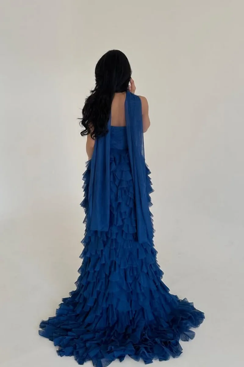 Gaun Malam Jessica Blue Gaun Prom Multi-lapis Sifon Buatan Tangan Gaun Pesta A-line Off-the-shoulder Seksi Dapat Disesuaikan