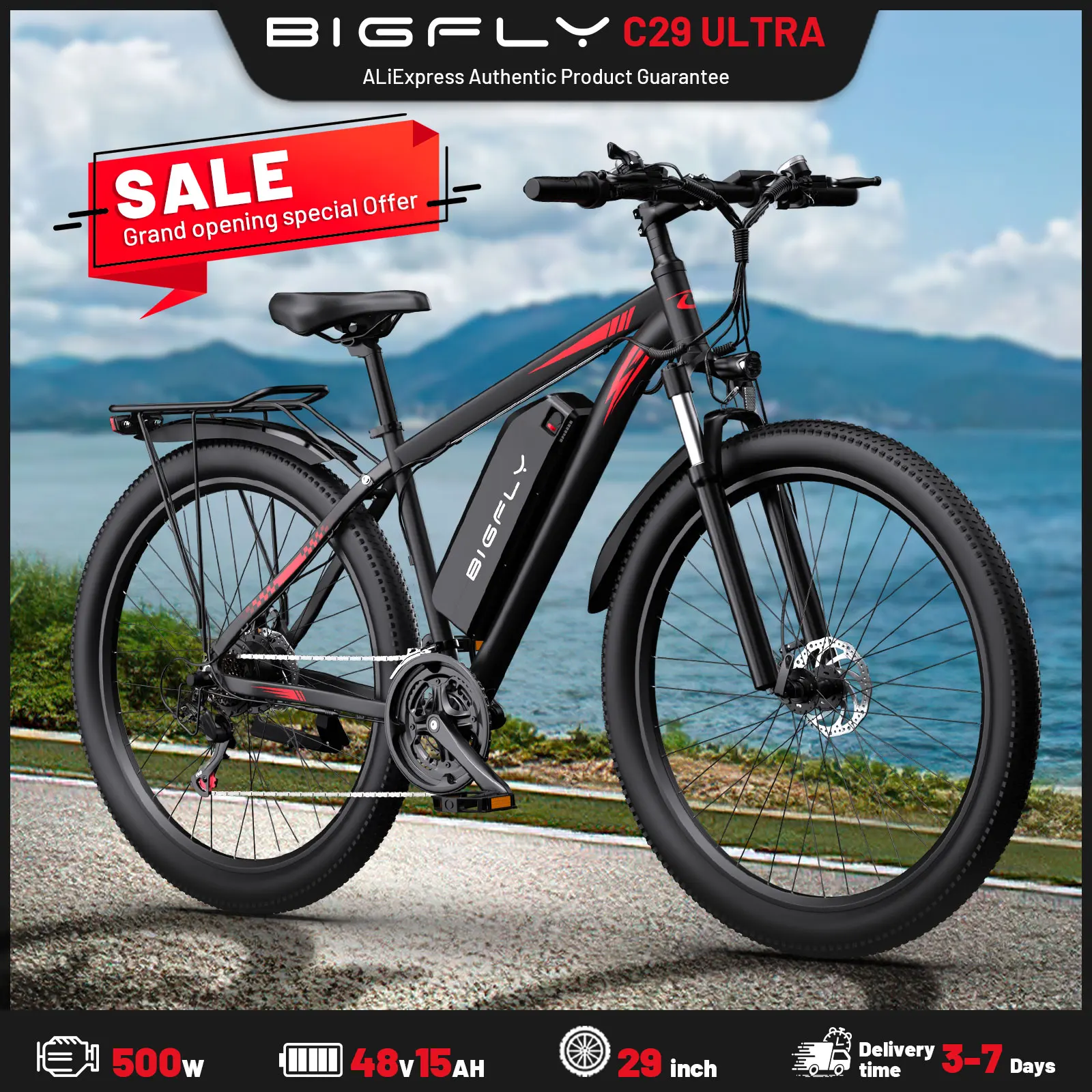 BIGFLY C29 ULTAR freins hydrauliques de vélo électrique, 48V 15AH, portée 100KM, pneus 29*2 pouces, homme/femme, moteur 68NM 21 vitesses ​ ​