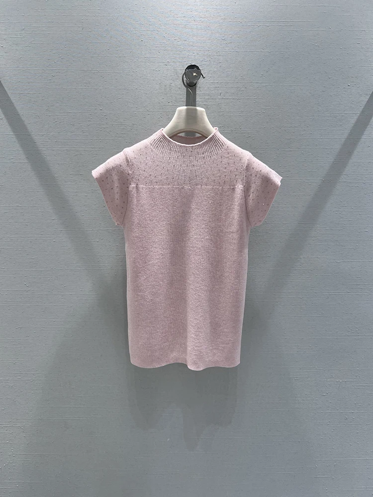 

Summer Daily Fashion Pink Simplicity Casual Knitting T-Shirts Women's Stand Collar Diamond Short Sleeve Thin Style Tops