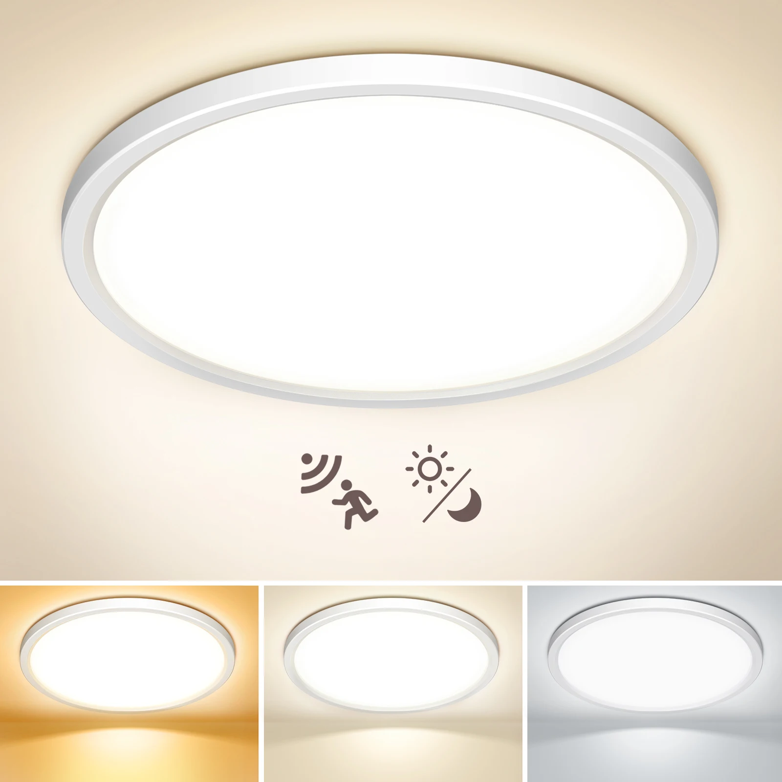 LED-plafondlamp met radarbewegingssensor, ultradunne ronde inbouwplafondlamp 3CCT daglichtsensor met instelbare timerbediening voor slaapkamer, badkamer, keuken, hal