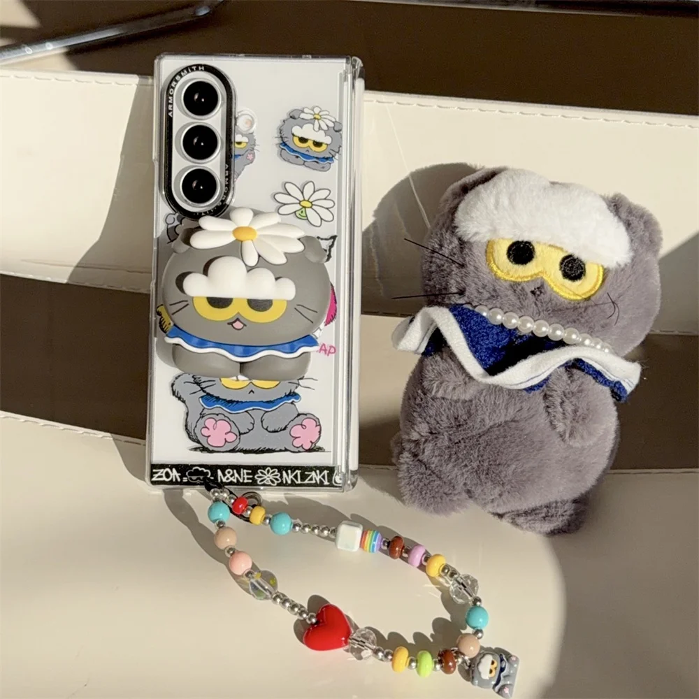 Koreańskie urocze etui na telefon z motywem kwiatowego kotka, magnetyczne, do Samsung Galaxy Z Fold 8 Ultra Fold 8 7 Fold 8, z podstawką Magsafe i łańcuszkiem. — zdjęcie produktu 5