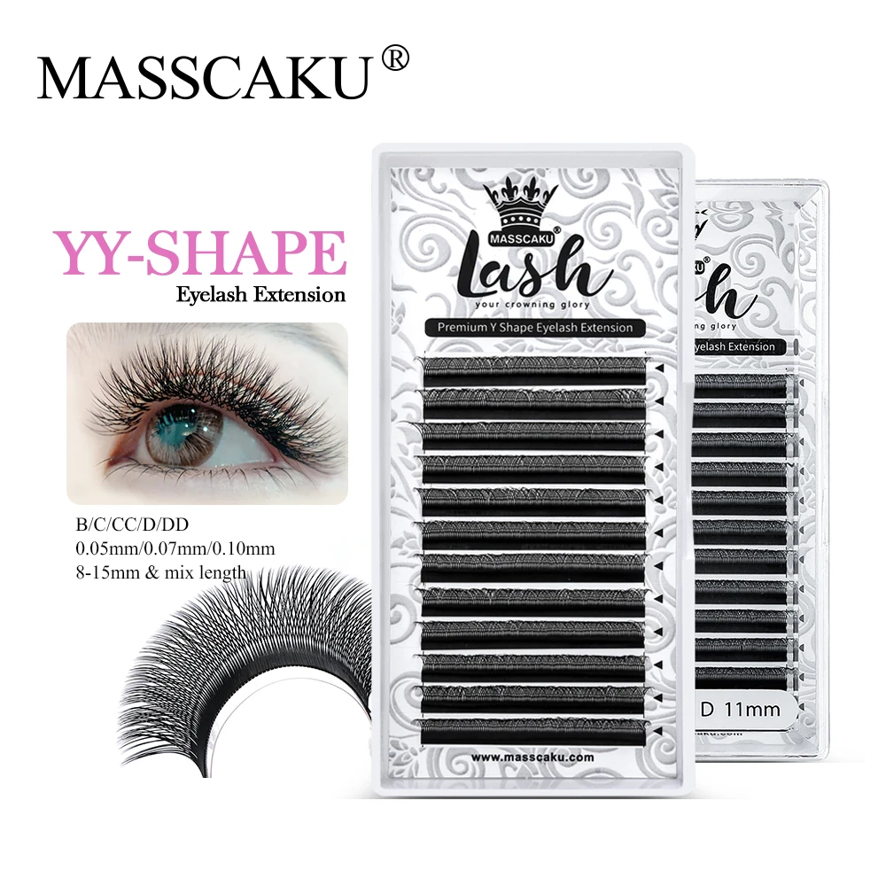 

Matte Dark Black Soft Invividual Eyelashes YY Shape Premade Volume Fans Eyelash Extension Double Tips Eye Lash Cilios Wholesale