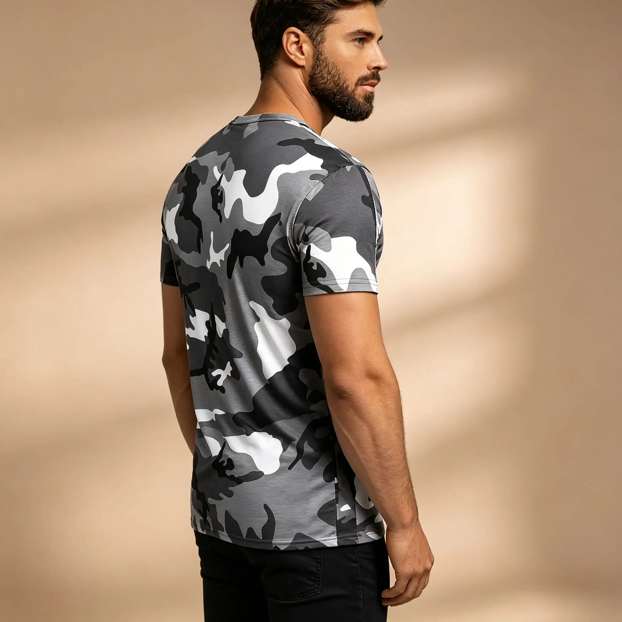 Men's Grey White Black Camo Full Print T-Shirt, Slim Fit Crew Neck Stretch Soft Fabric Camouflage Short Sleeve Tee For Outdoor H view 5