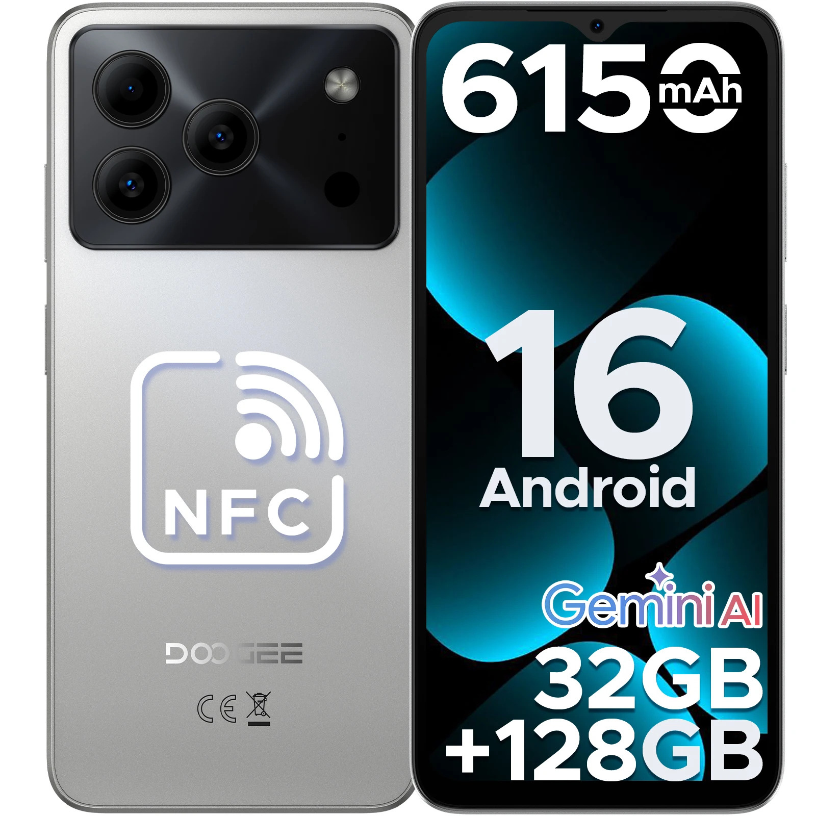 DOOGEE Note56 Pro Smartphone 32 GB + 128 GB Android 16 6150 mAh Batterij 6,56 '' 90 Hz Scherm 13 MP + 8 MP Widevine L1 NFC Mobiele telefoon