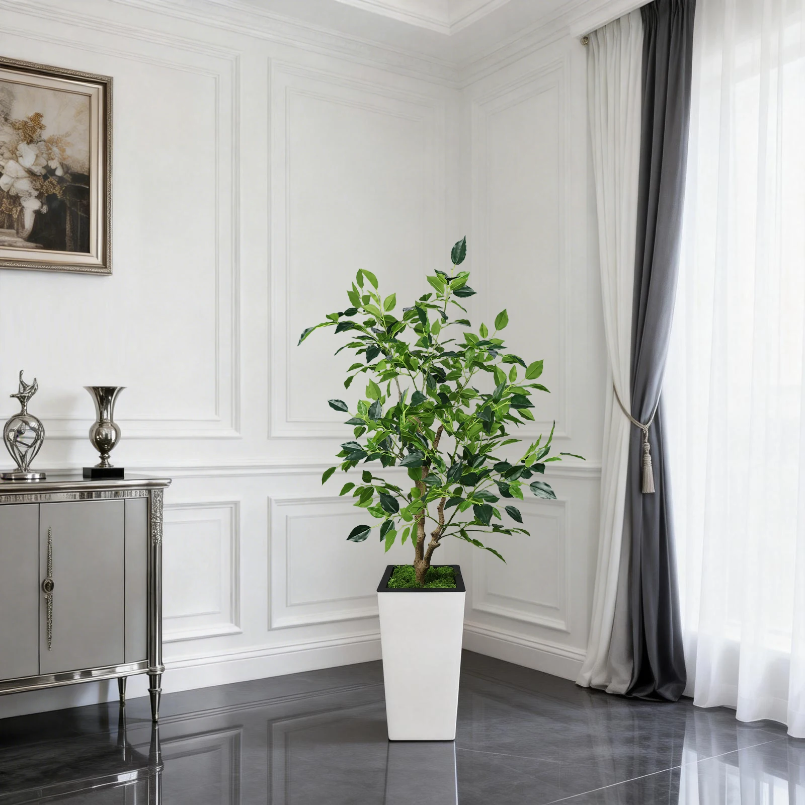 Arbre artificiel Ficus - Feuilles en soie réalistes - Tronc en bois résistant aux UV - Plante artificielle facile d'entretien pour intérieur et extérieur - Pot blanc haut