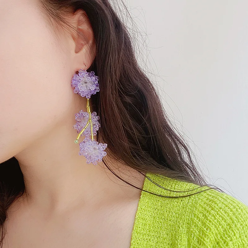 HangZhi 2022 New Lovely Purple Crystal Flowers Earrings  Fashion Charm Creative Earrings for Women Girls Jewelry Accessories